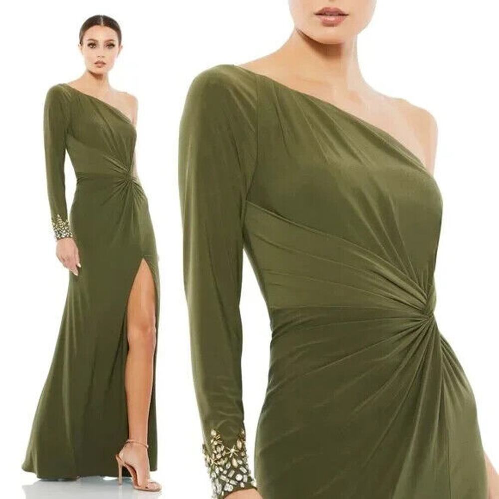 Mac Duggal One Sleeve Beaded Cuff Side Twist Gown Dress‎ Olive Green 55696 12489
